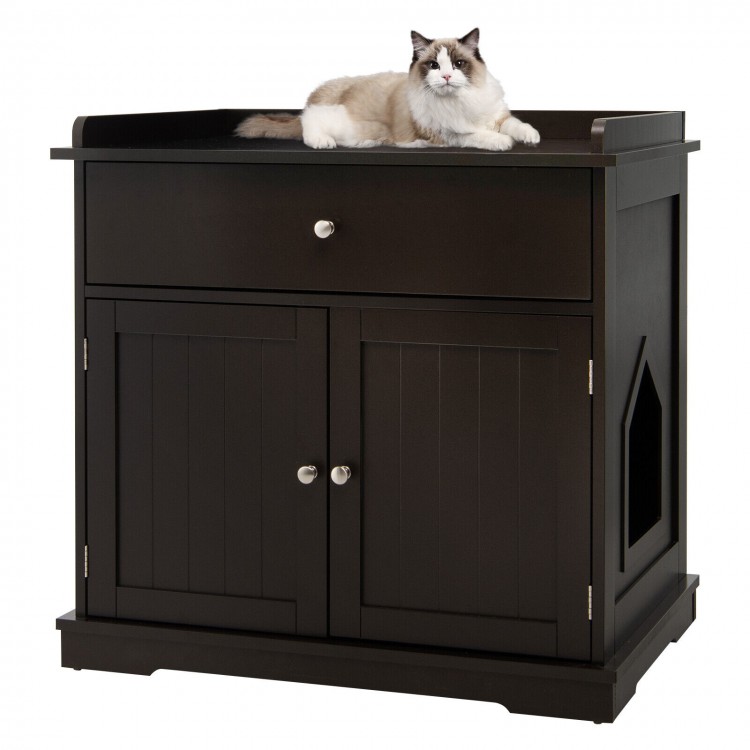 Brown wooden cat litter box enclosure with a large tabletop and protective guardrails, ideal for modern home decor.