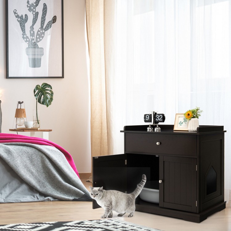 Wooden cat litter box enclosure in brown, serving as a side table with drawer, providing privacy and style for your cat.