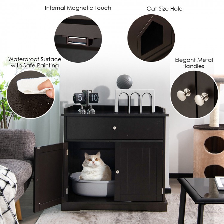 Wooden cat litter box enclosure in brown with drawer, providing privacy and storage, perfect for modern home decor.