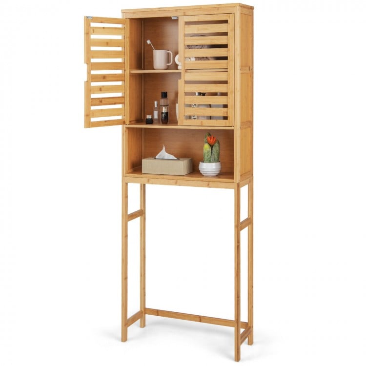 Bamboo over-the-toilet storage cabinet showcasing open cubby and 2-layer shelf for efficient bathroom organization.