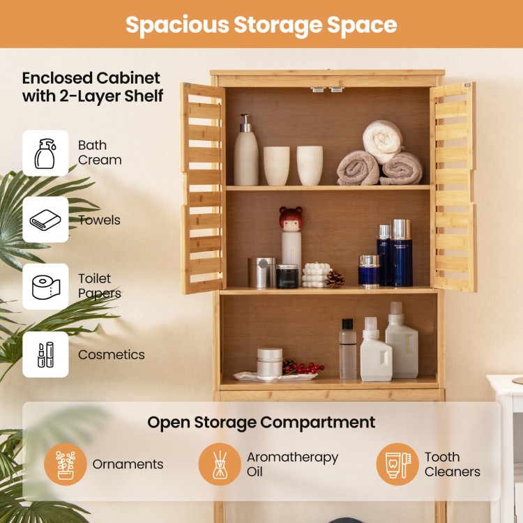 Bamboo over-the-toilet storage cabinet featuring double louvered doors and adjustable 2-layer shelf for bathroom.