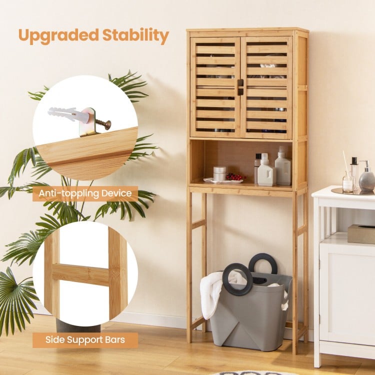 Bamboo over-the-toilet storage cabinet with adjustable shelf, anti-tipping device, and double louvered doors for.
