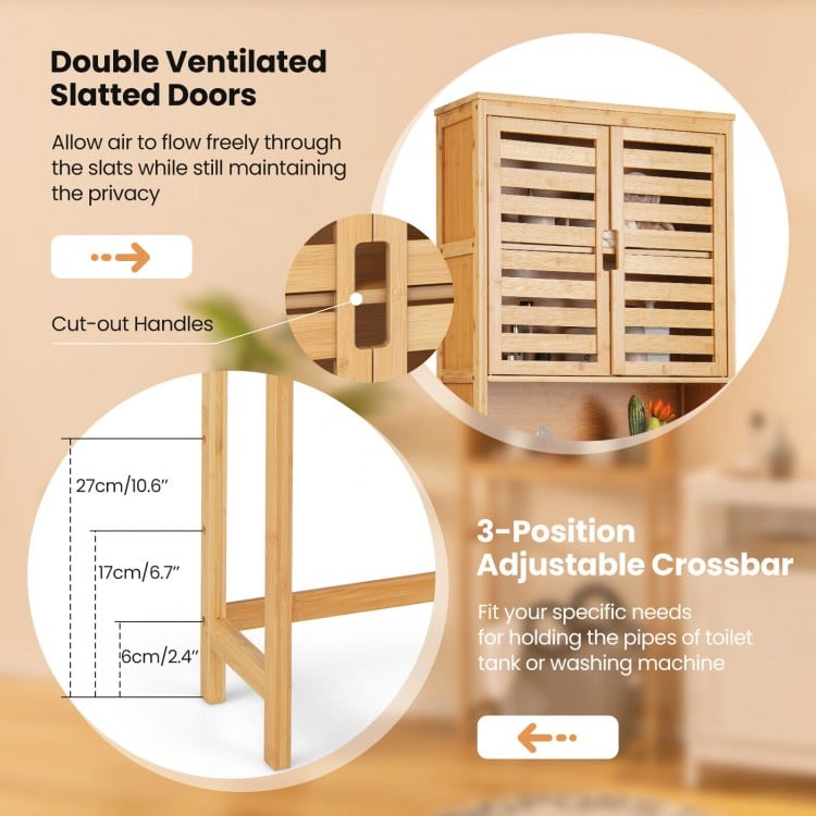 Bamboo over-the-toilet storage cabinet with double ventilated doors and adjustable crossbar for bathroom organization.