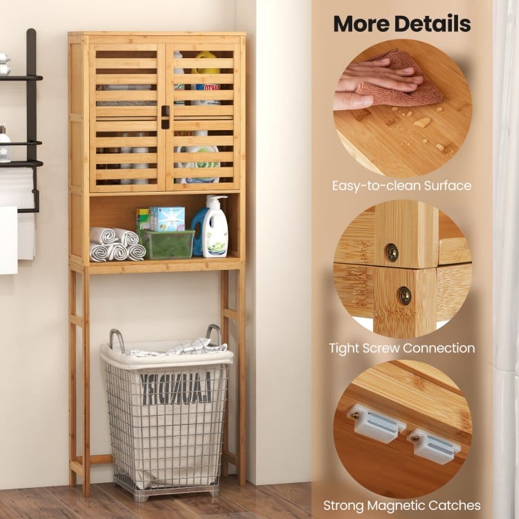 Bamboo over-the-toilet storage cabinet with adjustable shelf, double louvered doors, ideal for bathroom organization.
