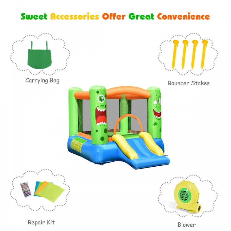 Inflatable castle bounce house with slide, bright colors, mesh walls, and included blower for easy setup and storage.