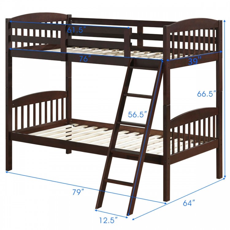 Solid wood twin bunk bed in coffee finish with detachable ladder, featuring guardrails and space-saving design for.