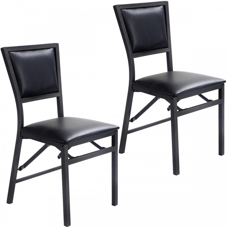Set of 2 metal folding dining chairs with PU leather upholstery, ergonomic design, and space-saving for easy storage.