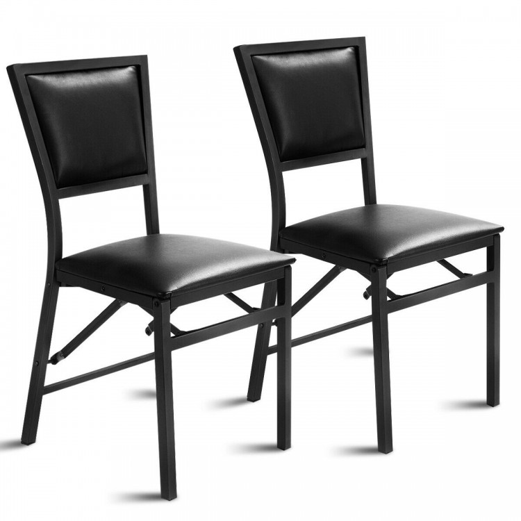 Set of 2 black metal folding dining chairs with PU leather upholstery, designed for space-saving and easy storage.