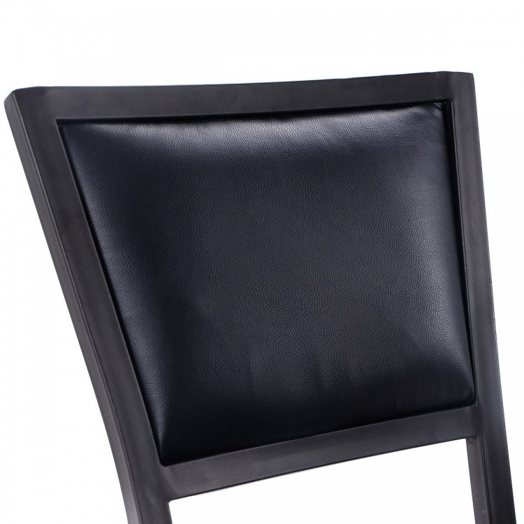Close-up of the PU leather upholstered backrest of a metal folding dining chair, designed for comfort and easy cleaning.