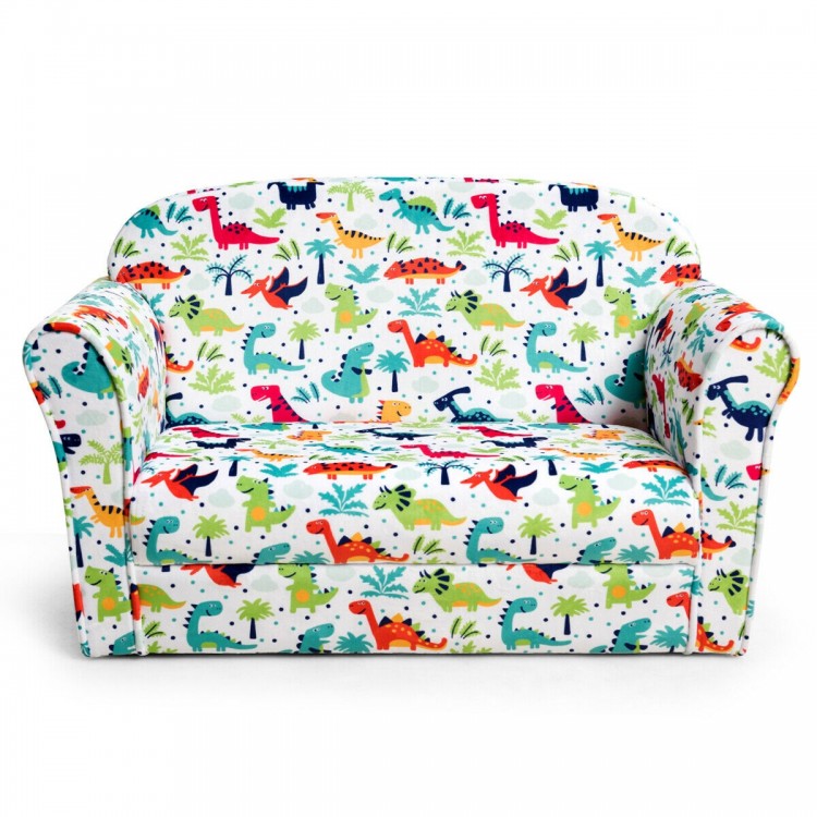 Double kids dinosaur sofa with cozy velvet upholstery and strong eucalyptus wood frame, perfect for children’s playtime.