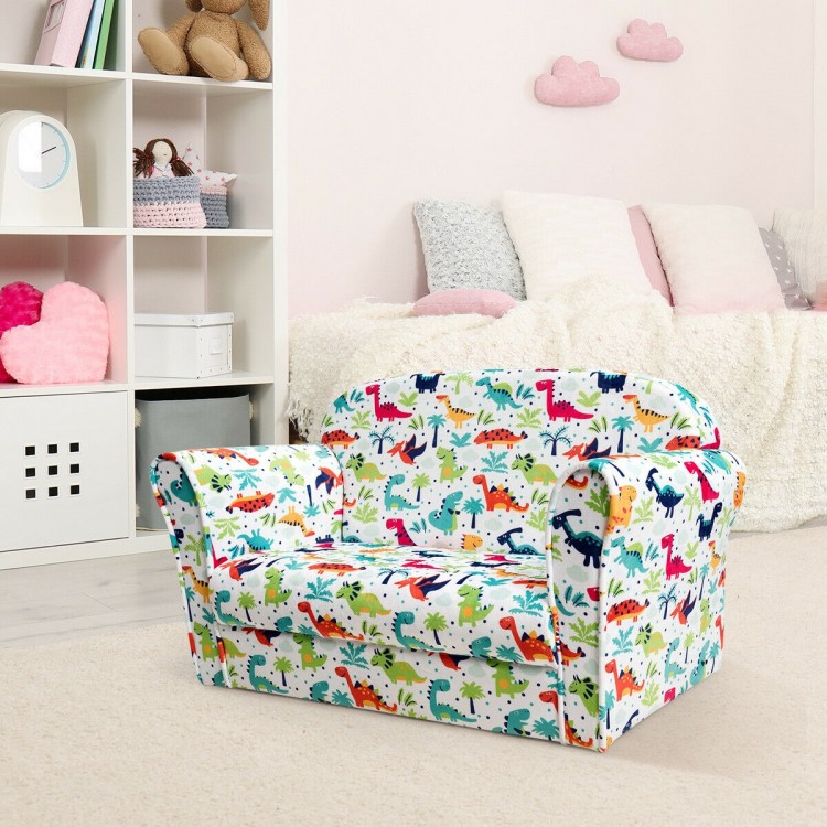 Double kids dinosaur sofa with soft velvet surface and sturdy wooden frame, perfect for indoor or outdoor use.