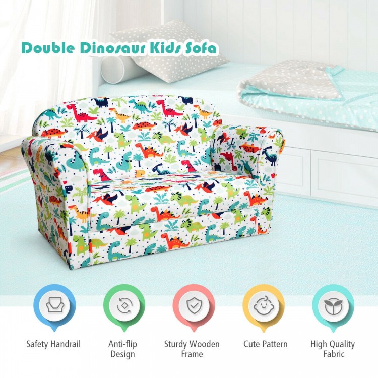 Double kids dinosaur sofa with safety handrail and anti-flip design, ideal for kids to relax or read comfortably.