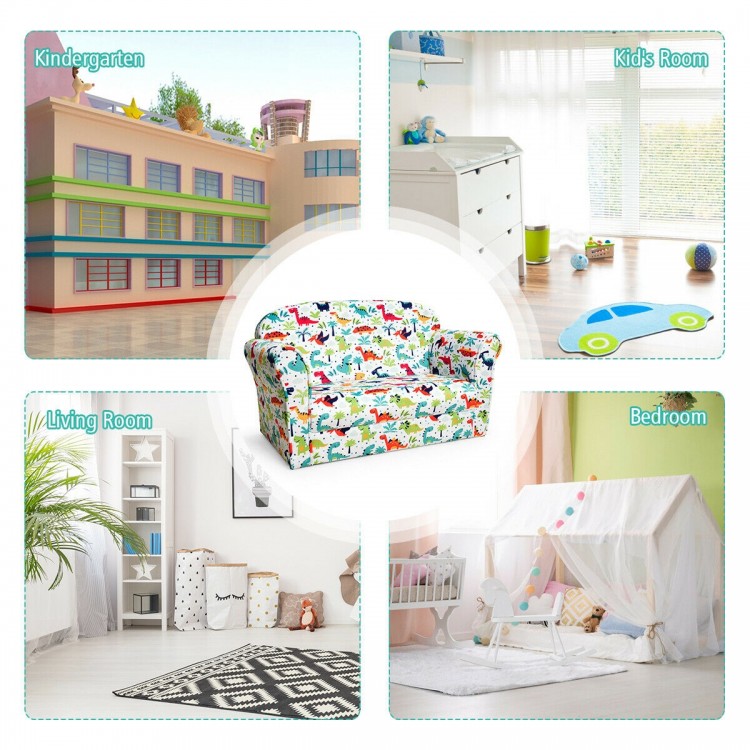 Double kids dinosaur sofa showcasing a vibrant dinosaur pattern, designed for comfort and safety in any playroom or.