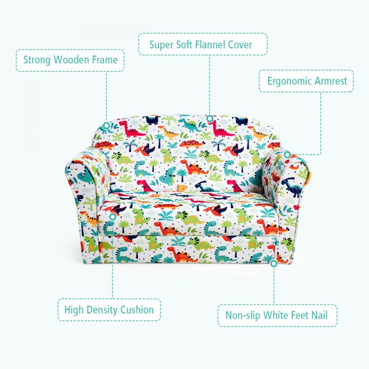 Double kids dinosaur sofa with soft velvet cover, sturdy wooden frame, and ergonomic armrests for comfortable lounging.