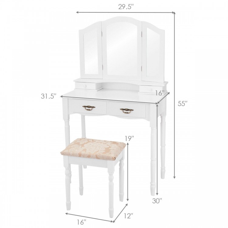 Tri-fold mirror on white vanity set with spacious tabletop, featuring four drawers for organized cosmetic storage.