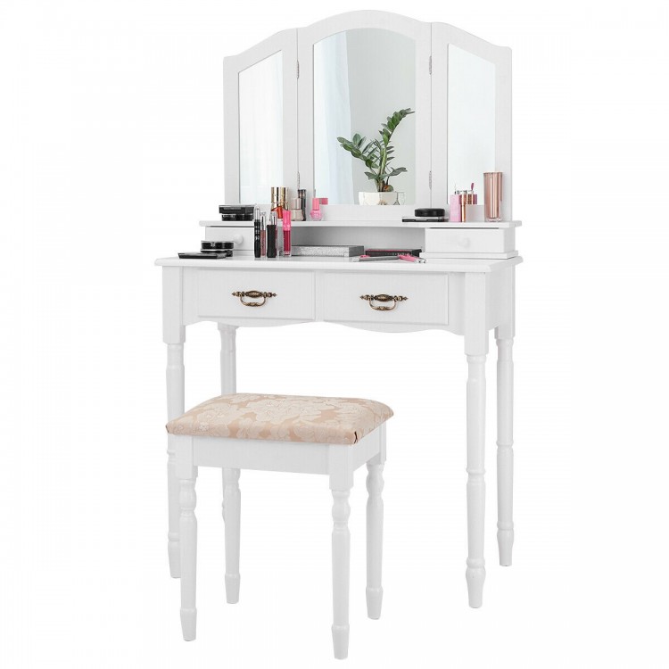Vanity set with tri-fold mirror, white MDF, four drawers, and cushioned stool, ideal for bedroom makeup organization.