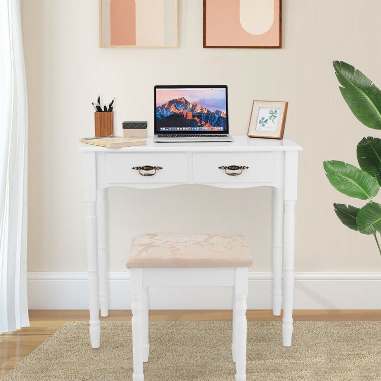 White vanity set with tri-fold mirror and cushioned stool, featuring four storage drawers for cosmetics and accessories.