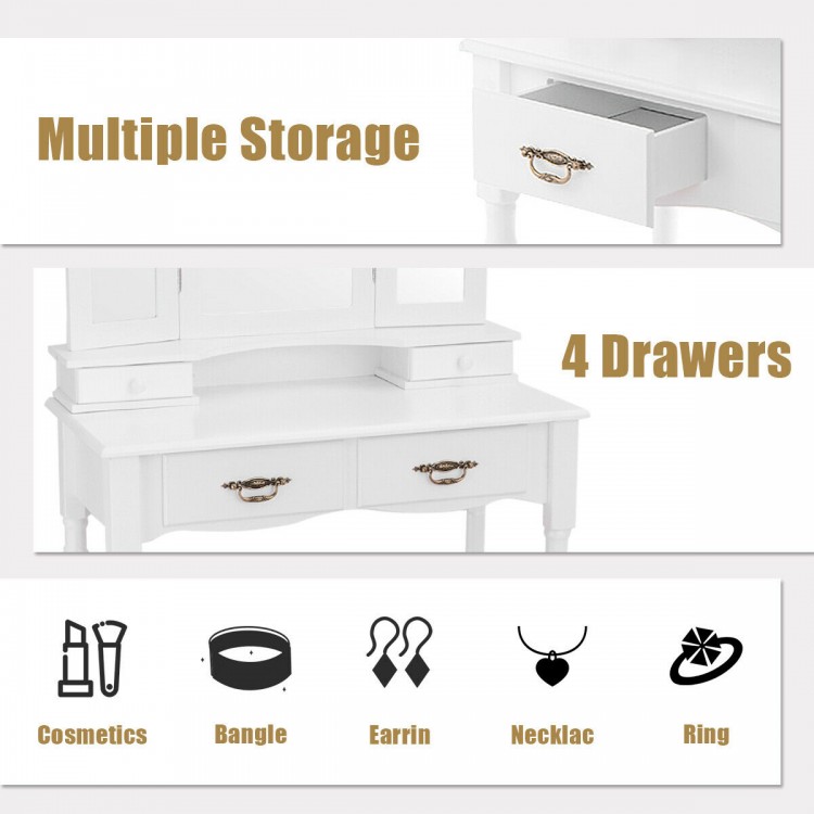 White vanity set with tri-fold mirror, 4 drawers for storage, and cushioned stool, perfect for organizing cosmetics.