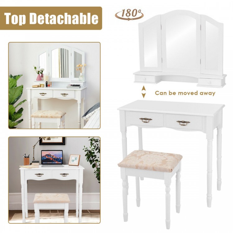 Simple white vanity set with tri-fold mirror, four drawers, and cushioned stool for comfortable makeup application.