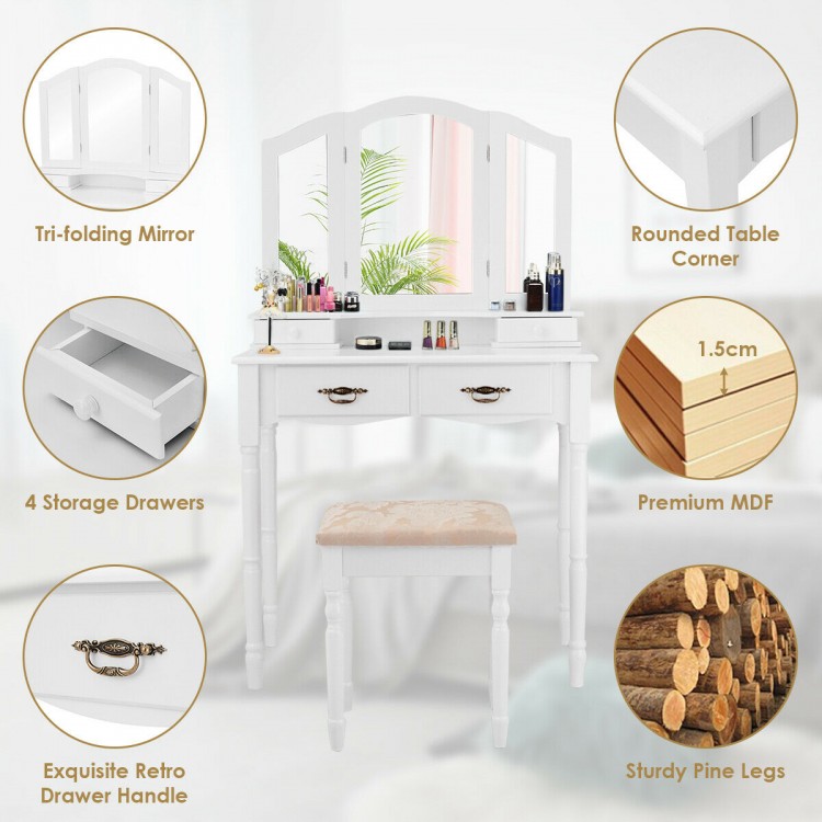 White vanity set with tri-fold mirror, four storage drawers, and cushioned stool, perfect for bedroom makeup.