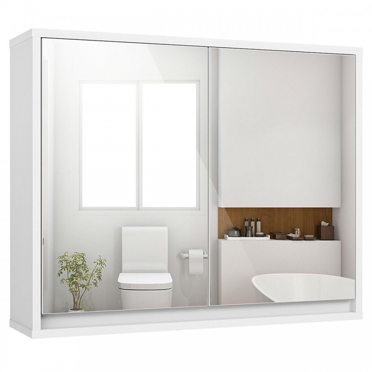 2-door wall-mounted bathroom mirrored medicine cabinet with glossy finish, ideal for organizing daily essentials.