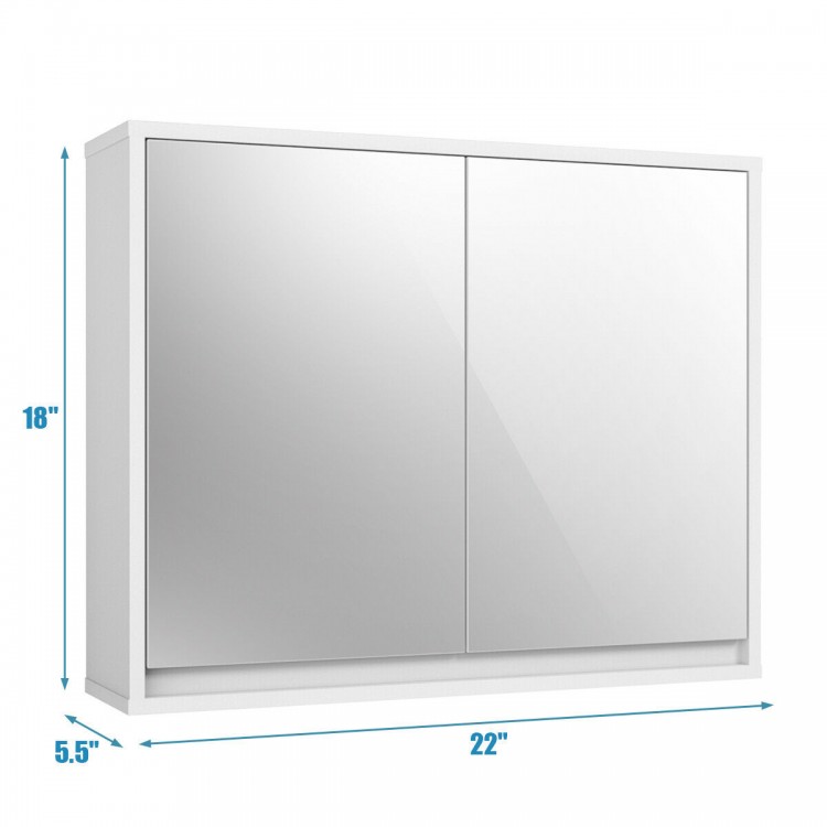Wall-mounted 2-door mirrored medicine cabinet in white, 22" wide, ideal for organizing bathroom essentials.