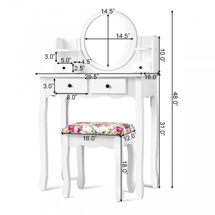 Makeup vanity table set with oval mirror, white finish, 4 drawers, and cushioned stool for stylish dressing.