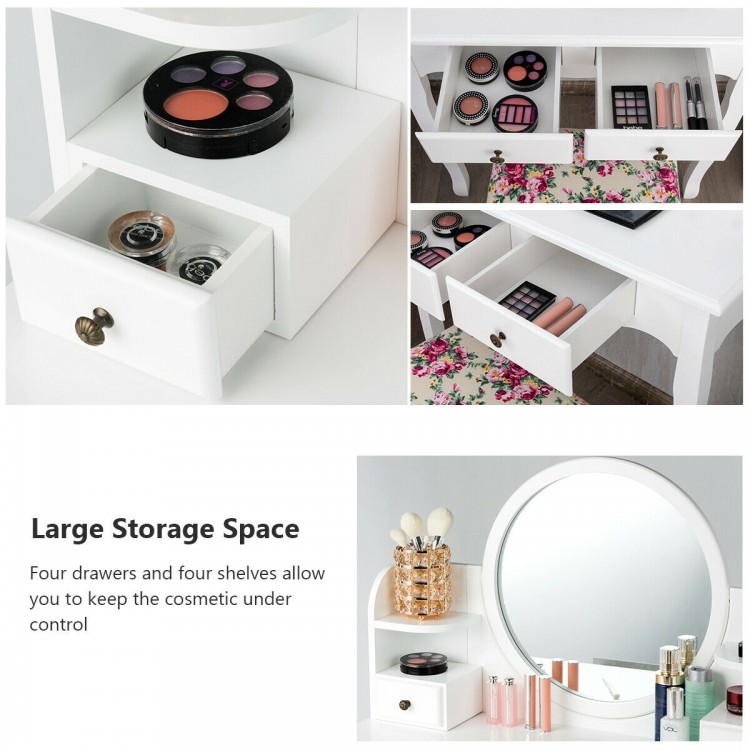 Makeup vanity table set in white with oval mirror, featuring four drawers for organized storage and a cushioned stool.