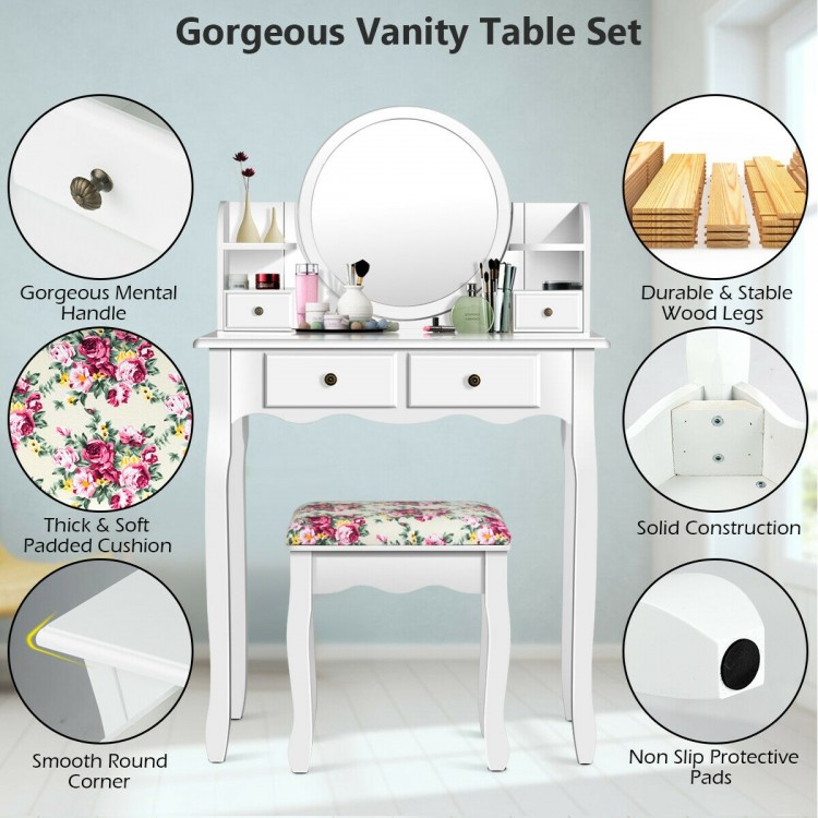 Vanity table set with oval mirror, white finish, four drawers, and cushioned stool for stylish makeup organization.