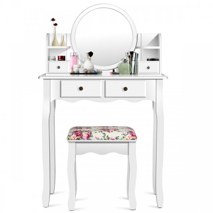 Makeup vanity table set with oval mirror, white finish, 4 drawers, and cushioned stool for girls' dressing needs.