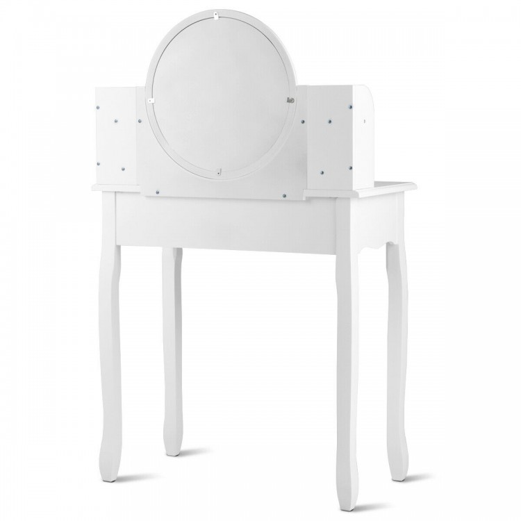 White makeup vanity table set featuring an oval mirror and four drawers, perfect for girls' cosmetics and accessories.