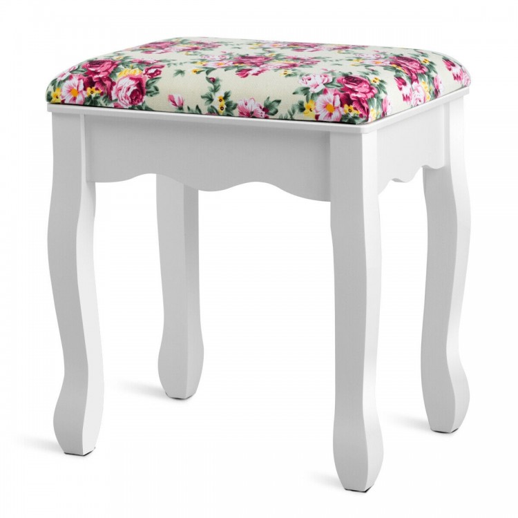 Cushioned stool with floral pattern, part of a white makeup vanity set, perfect for girls' dressing tables.