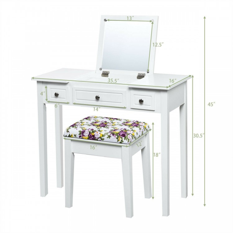 Vanity dressing table set with flip top mirror, three drawers, and floral cushioned stool for compact spaces.