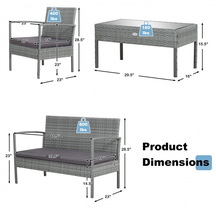 Dimensions of the 4-piece outdoor rattan conversation set with comfortable cushions, ideal for backyard or garden use.