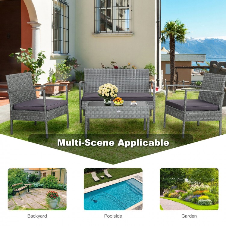 4-piece outdoor rattan conversation set featuring a coffee table and comfortable cushions, perfect for backyard or.