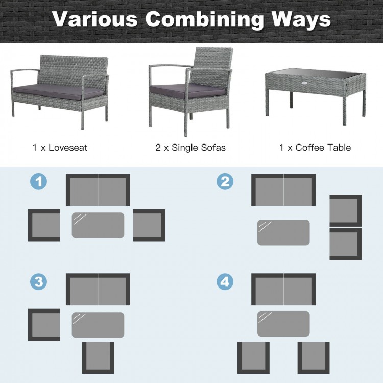 4-piece outdoor rattan conversation set featuring a loveseat, single sofas, and coffee table for versatile backyard.