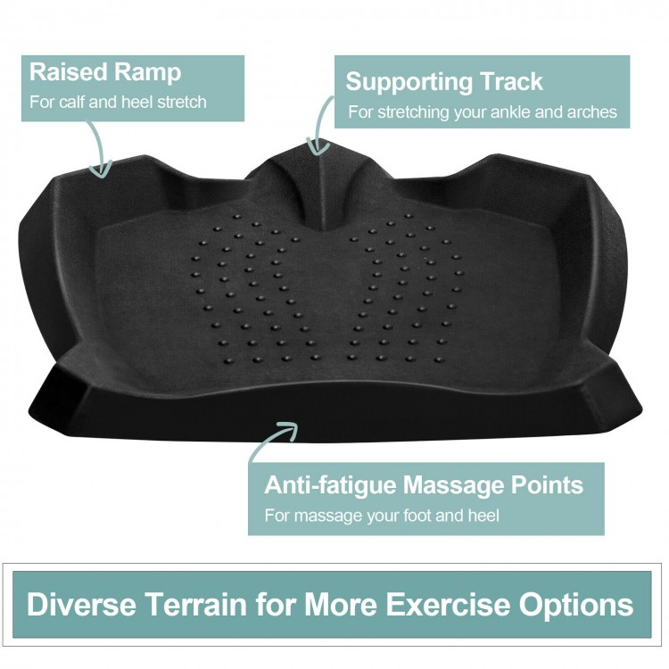Portable anti-fatigue standing mat in black with diverse terrain and massage points for ergonomic support and comfort.