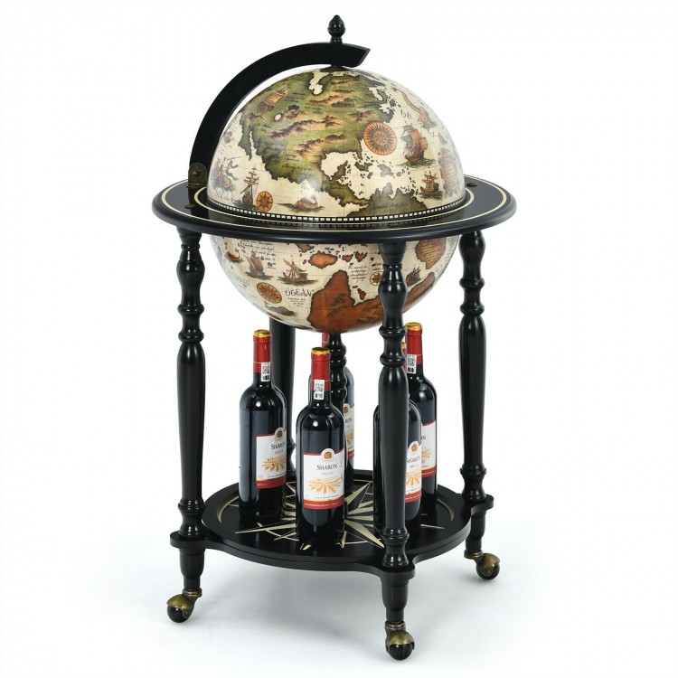 Nautical chart wine cabinet with wheels, featuring a globe design and solid wood legs, perfect for living room storage.