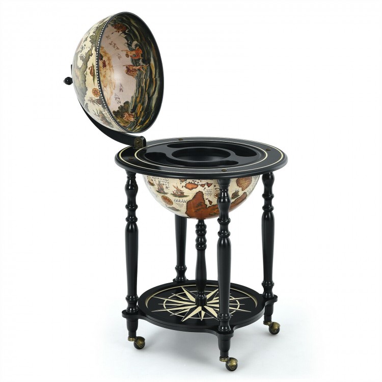 Nautical chart wine cabinet with wheels, featuring a unique globe design and solid wood legs for stability and style.