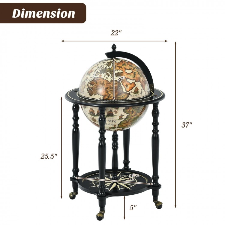 16th Century Nautical Chart wine cabinet with wheels, featuring a unique earth shape design and two-tier storage for.