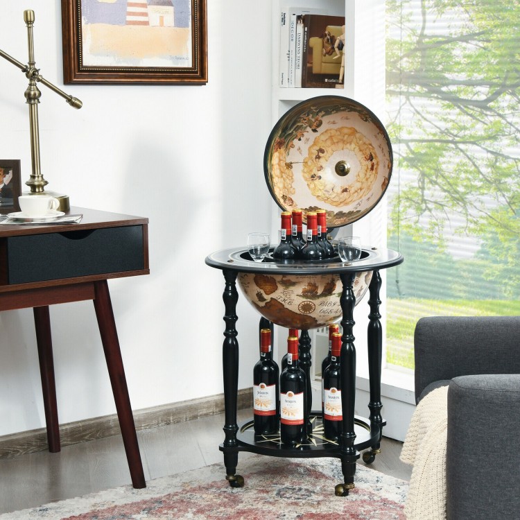 Nautical chart wine cabinet with wheels, featuring a unique earth design and solid wood legs for stylish storage and.