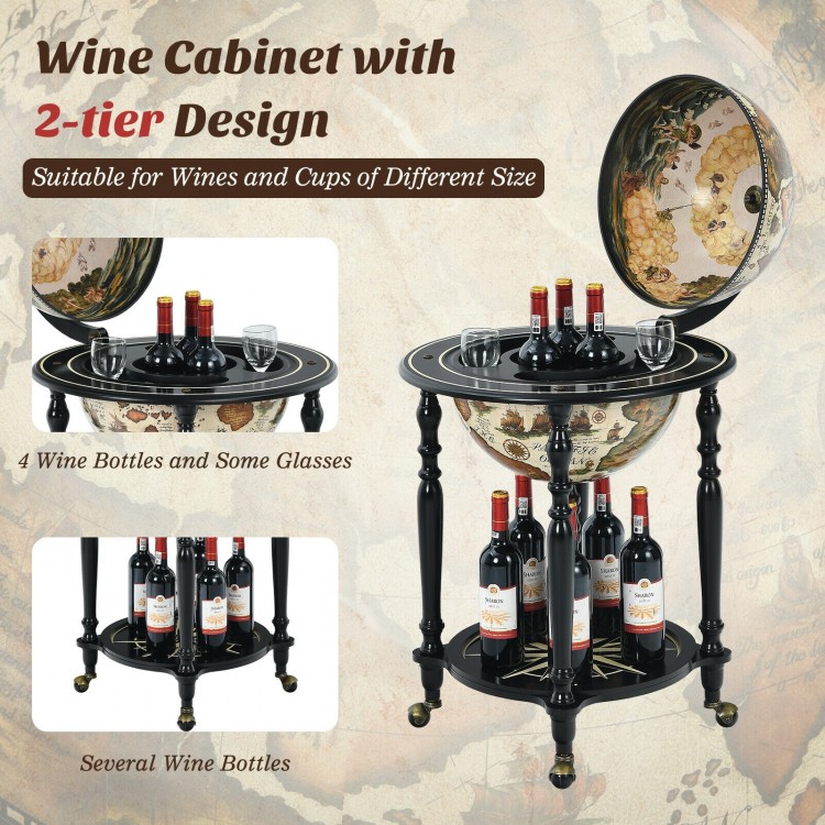 Nautical chart wine cabinet with wheels, featuring 2-tier design for wine bottles and glasses, perfect for living room.