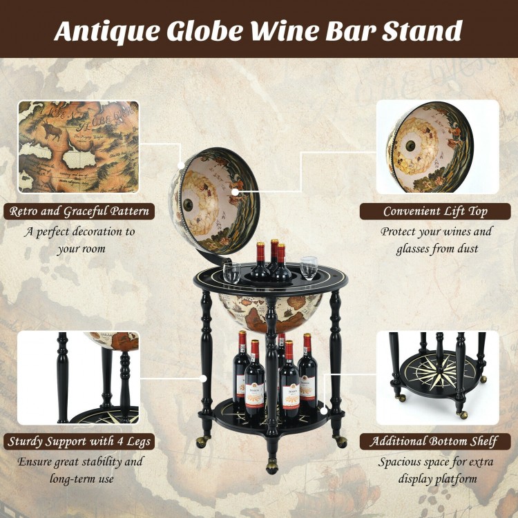 Antique globe wine bar stand with wheels, featuring a nautical chart design and two-tier storage for wine and glasses.