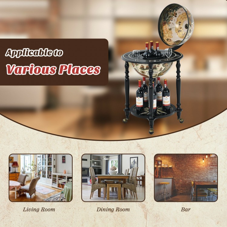 16th Century Nautical Chart Wine Cabinet with wheels, featuring a vintage design, ideal for living or dining room.