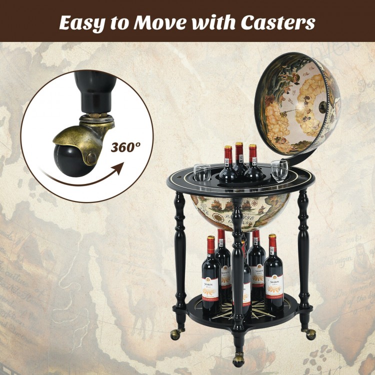 Nautical chart wine cabinet with wheels, featuring a unique earth shape design and storage for wine bottles and glasses.