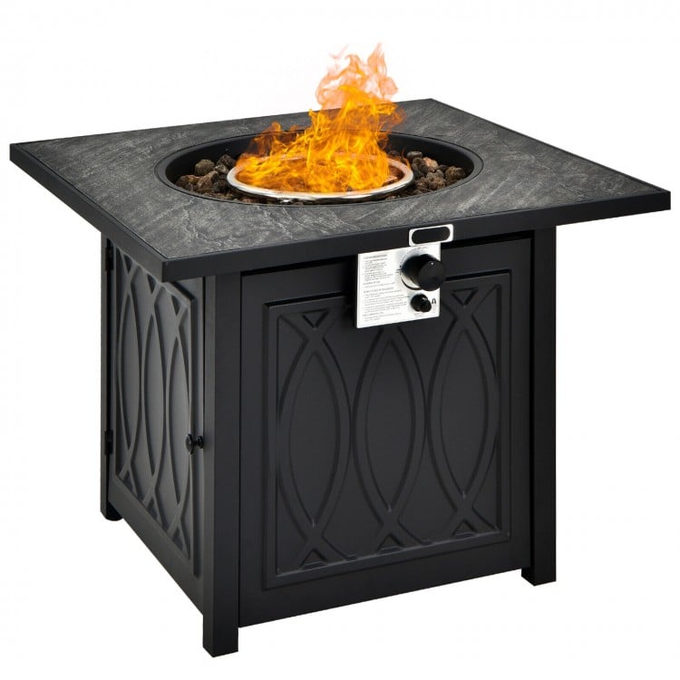 Square 32-inch propane fire pit table in black with lava rocks, ideal for outdoor patios and gardens, featuring.