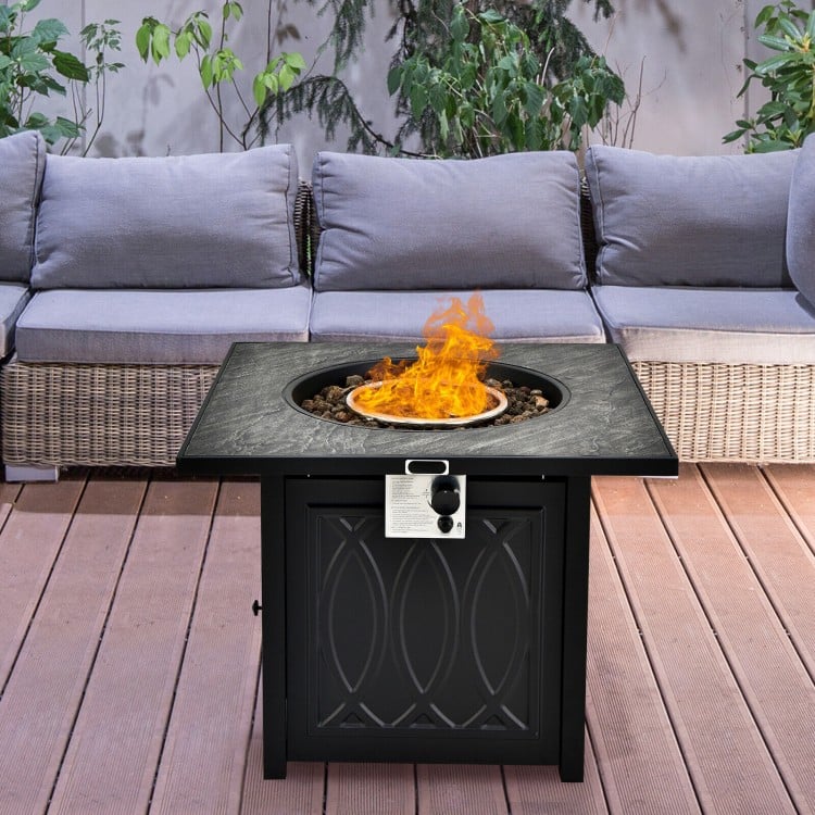 Square 32-inch propane fire pit table with lava rocks, 50,000 BTU, perfect for outdoor patio or garden use.