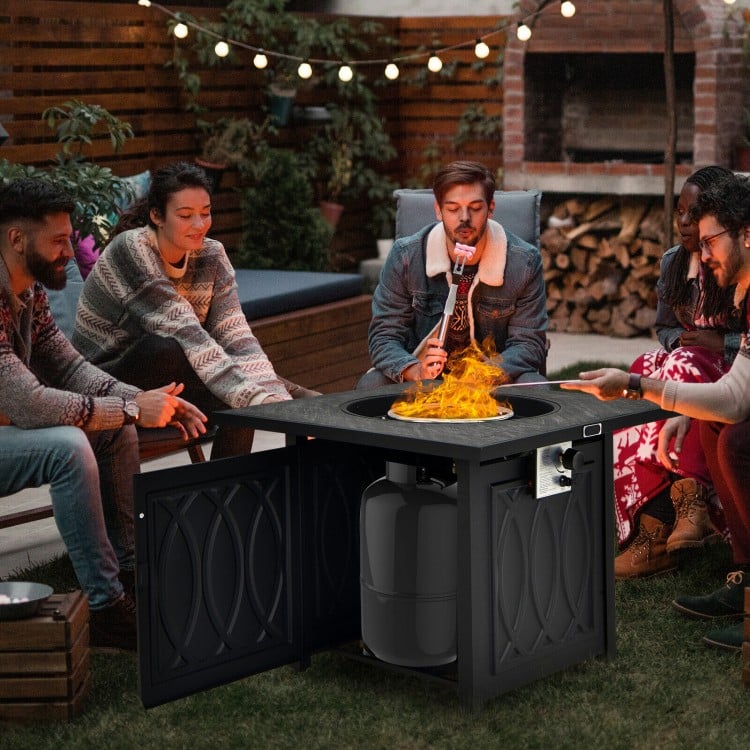 Square 32-inch propane fire pit table in black with lava rocks, providing 50,000 BTU heat for outdoor gatherings.