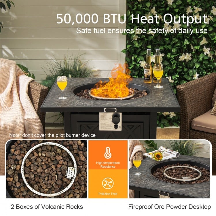 32-inch square propane fire pit table with lava rocks, 50,000 BTU output, ideal for patio and garden use.