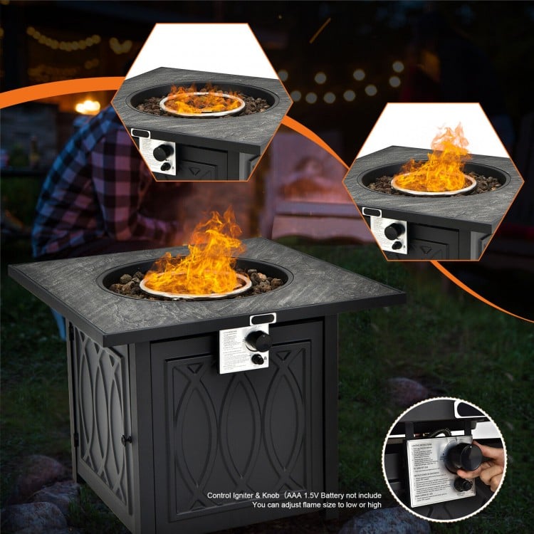 Top view of a 32-inch propane fire pit table with lava rocks, featuring adjustable flame control for outdoor gatherings.